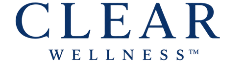 The logo for Clear Wellness, featuring the word 'CLEAR' in a dark navy blue serif font, with 'WELLNESS' underneath in a lighter navy blue sans-serif font, on a solid white background.